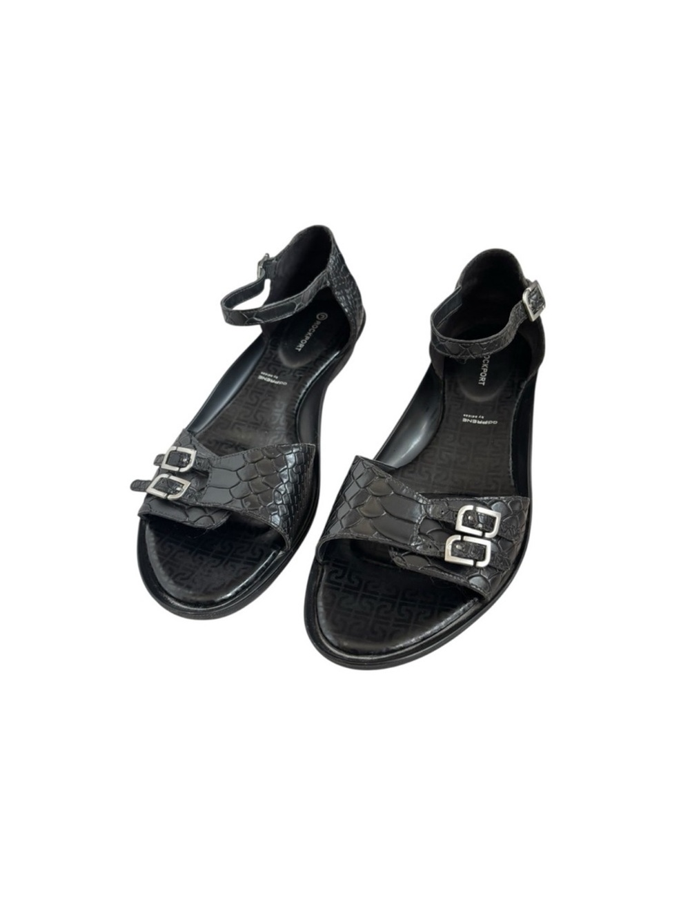 Rockport black leather low heel classic adjustable comfort sleek sandals 9 1/2 - Picture 4 of 14